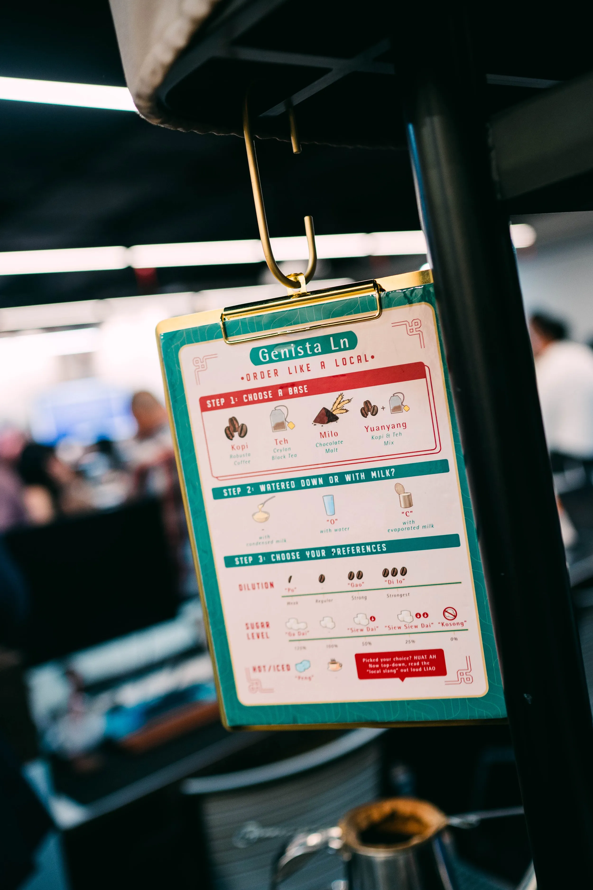 A colorful menu sign hanging from a hook at a cafe with options to customize coffee drinks