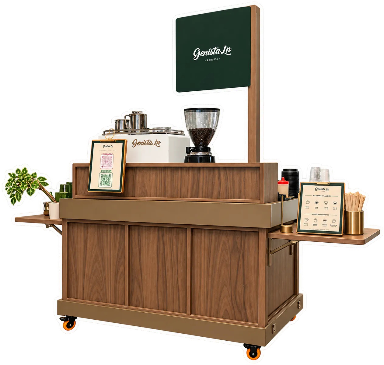 The Genista Ln Fine Robusta cart: a walnut and cane cart under a dark green canopy, with an espresso machine, grinder and stacked cups.