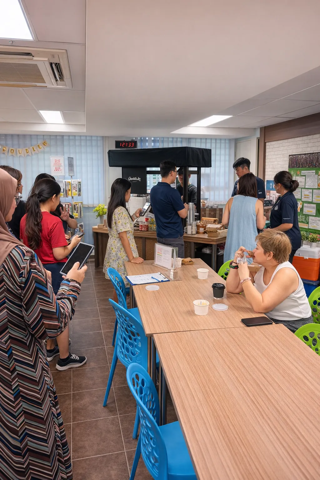 The Genista Ln kopi cart in an air-conditioned school common room, staff queueing at the counter while others sit at the tables with their cups.