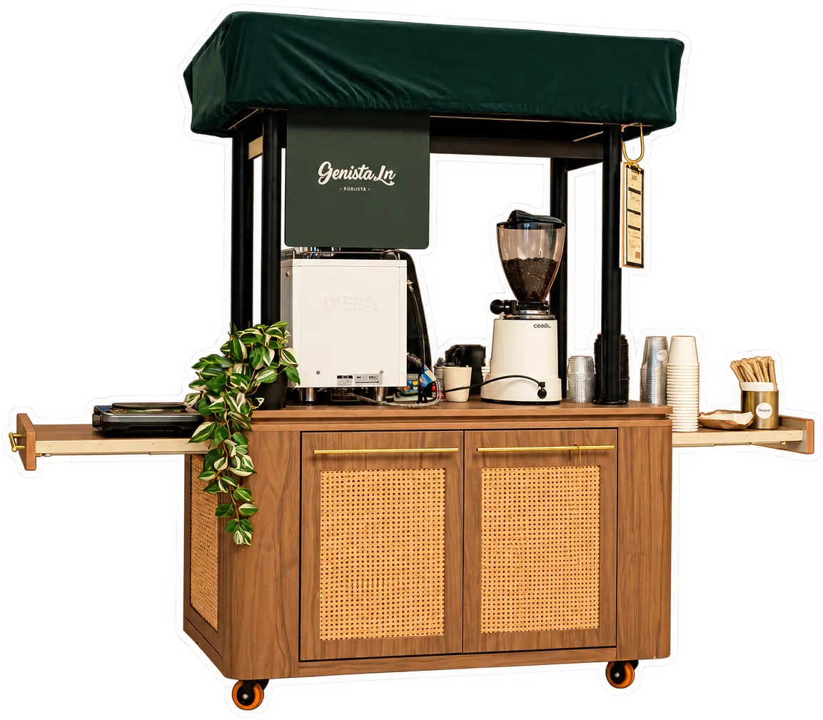 The Genista Ln Nanyang kopi cart: a walnut cart with brass trim, a branded brew urn, a coffee grinder and a Nanyang Classics menu board.