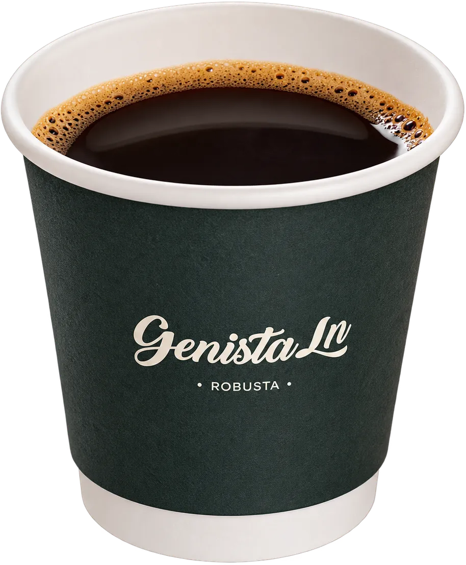 A hot black kopi in a dark green Genista Ln Robusta cup.