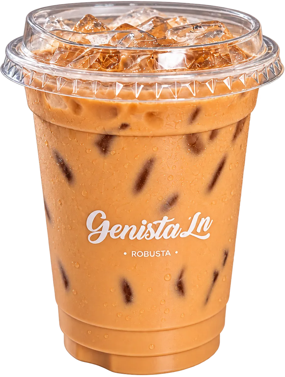 An iced Teh C Peng, milky tea over ice in a clear Genista Ln Robusta cup.
