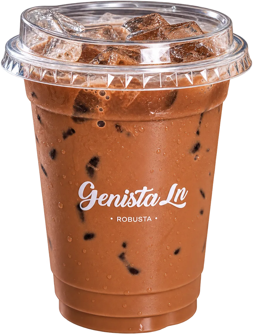 An iced Horkasai, the Genista Ln kopi and Milo mix, poured over ice in a clear Robusta cup.